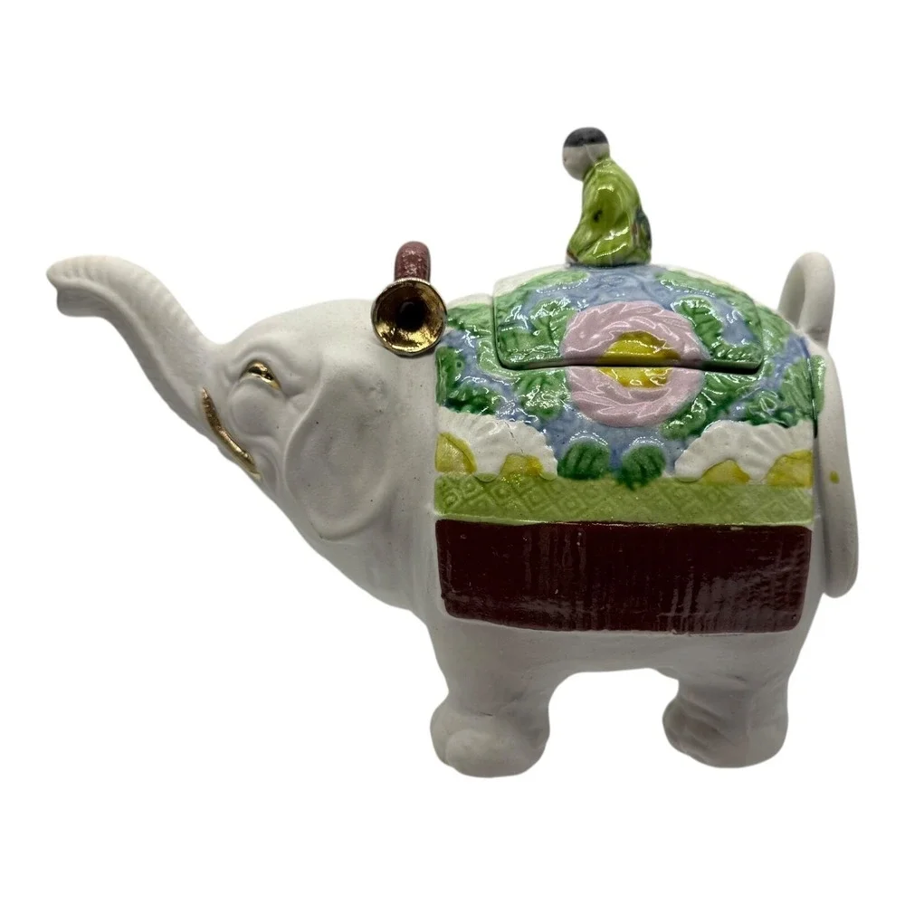 Banko-yaki Japanese Elephant Teapot Figurine Man Riding Elephant Vintage